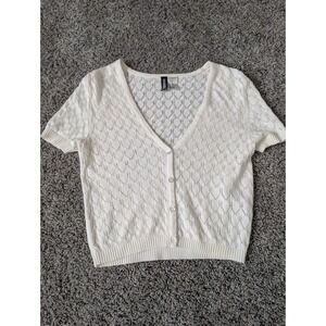 HM Divided Cream Pointelle Knit Short Sleeve Cropped Cardigan V-Neck XS